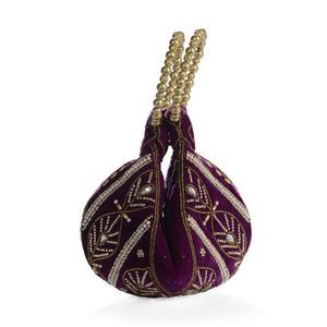 Embroidered  Velvety Leaf Pattern Potli Purple
